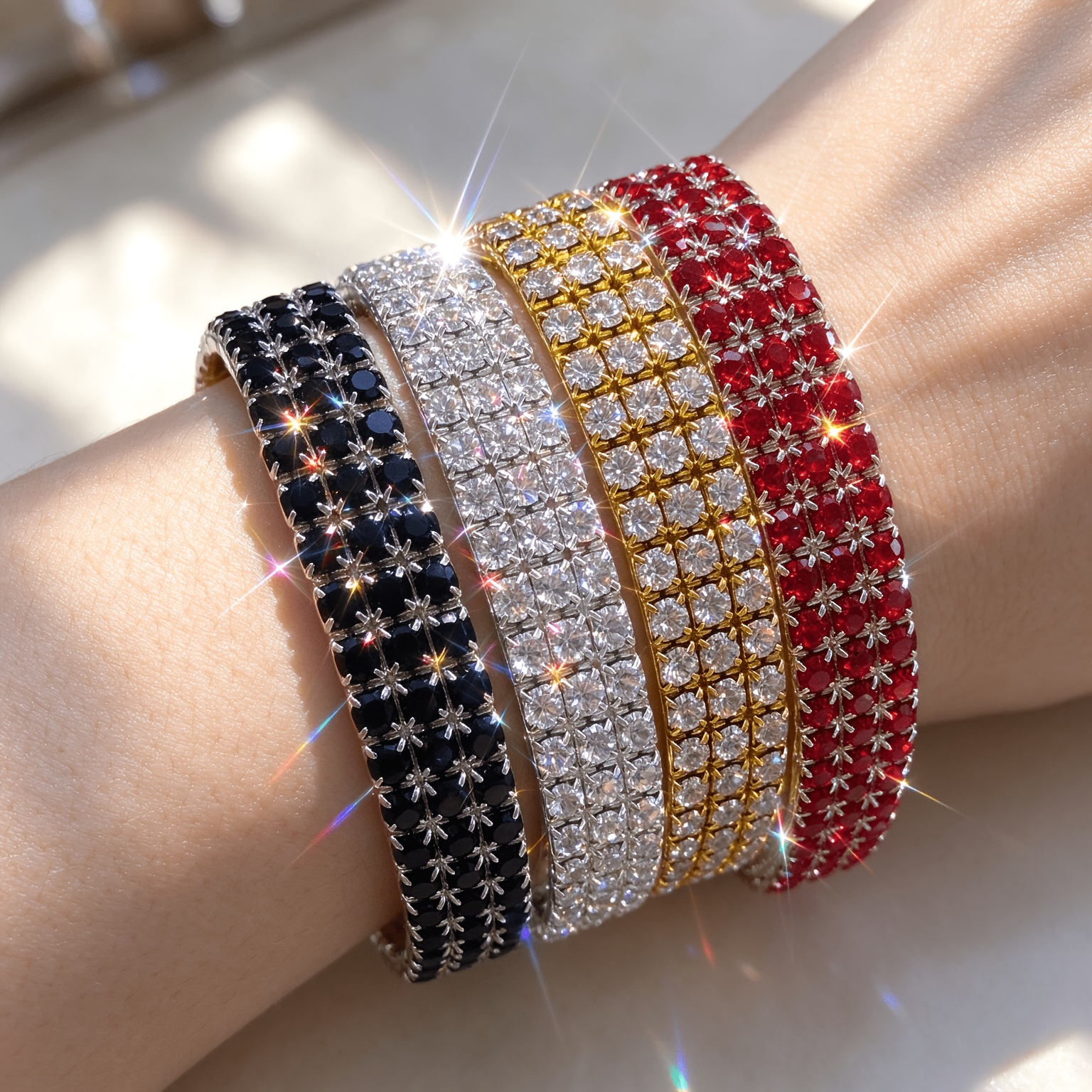 4pc Rhinestone Elastic Bangle 3-Row Bracelet Set